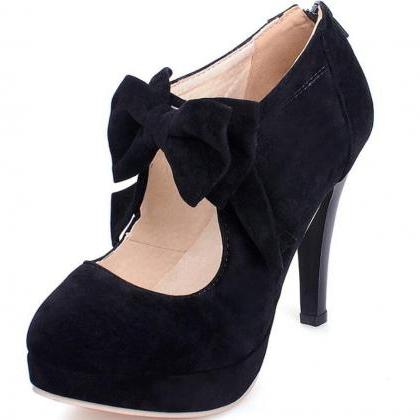 Bowknot Round Toe Platform Single Shoes Suede High..