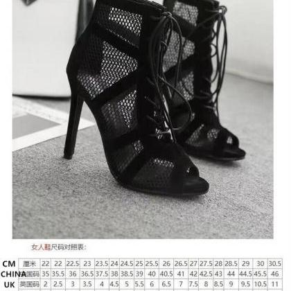 Black Mesh Sandals Fashion Cross Strap Sexy Slim..