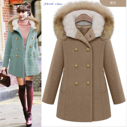 The 2014 Women's Autumn And Winter Fur Collar Double Breasted Wool Coat ...