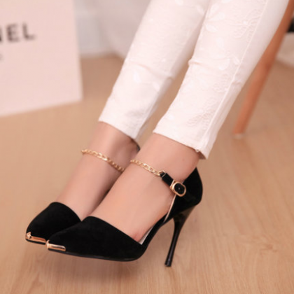 Pointed-toe Chain Ankle-strap Stilettos, High..