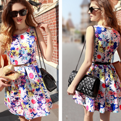 2015 Spring Printing Sleeveless A-line Dress--blue on Luulla
