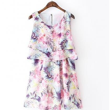 Tropical Flower Summer Dress With Double Layer Ruffles on Luulla