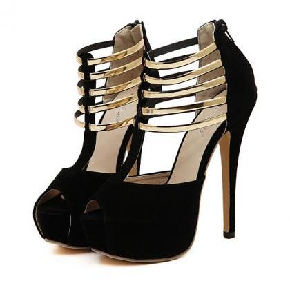 Strappy Black And Gold Peep Toe High Heels Shoes on Luulla