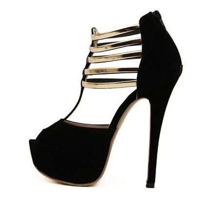 Strappy Black And Gold Peep Toe High Heels Shoes on Luulla