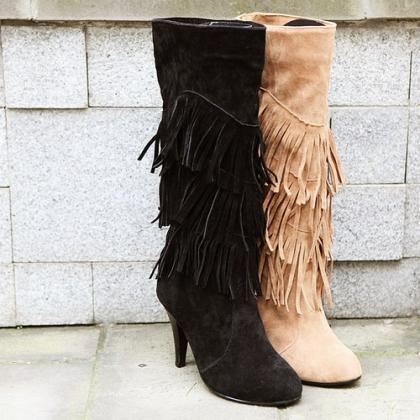 fringe heel boots