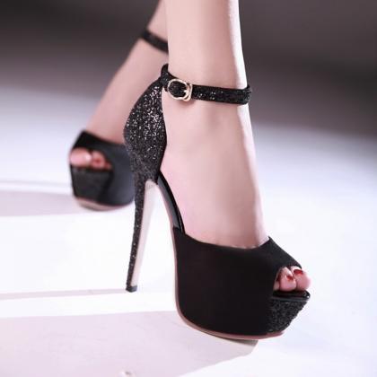 Sexy Peep Toe Black Ankle Strap Fashion Sandals