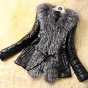 Black Leather Jacket For Women With Genuine Fox Fur