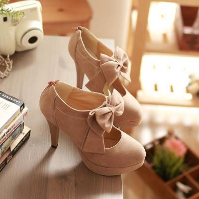 Fashion Round Closed Toe Front Bow Tie Embellished Stiletto High Heels Light Tan Leather Pumps