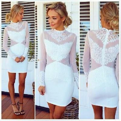 Cheap Sexy Turtleneck Long Sleeves Mesh Hollow-Out Patchwork White Lace Sheath Mini Dress