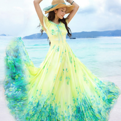 2014 spring and summer yellow chiffon dress bohemian dress vacation beach dress