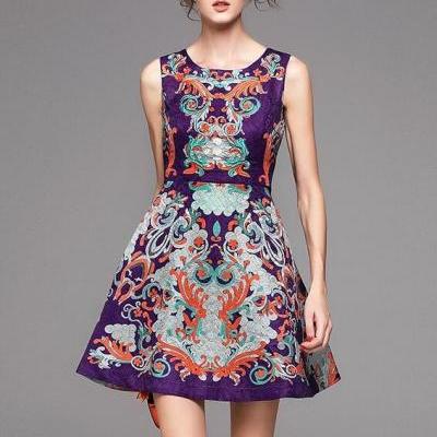 Delicate embroidered printed retro sleeveless dresses