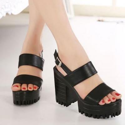 Black Double Strap Chunky Heels Sandals