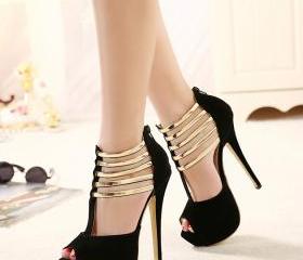 Strappy Black And Gold Peep Toe High Heels Shoes on Luulla