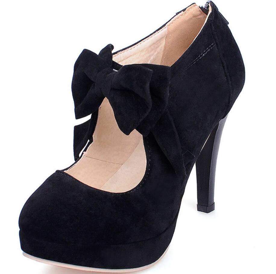 Bowknot Round Toe Platform Single Shoes Suede High Heels