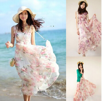 Women's Long Beach Maxi Dress Chiffon Floral Halter Strapless Bohemian ...