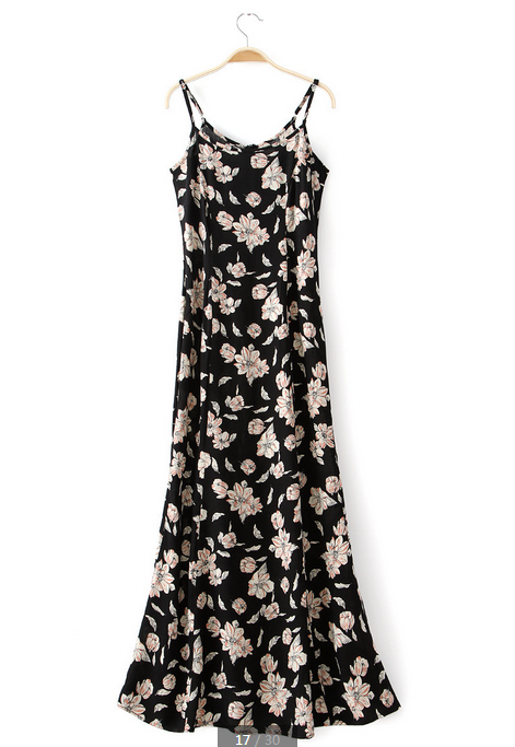 Black Floral Print Spaghetti Strap Maxi Dress Featuring Mermaid Cut