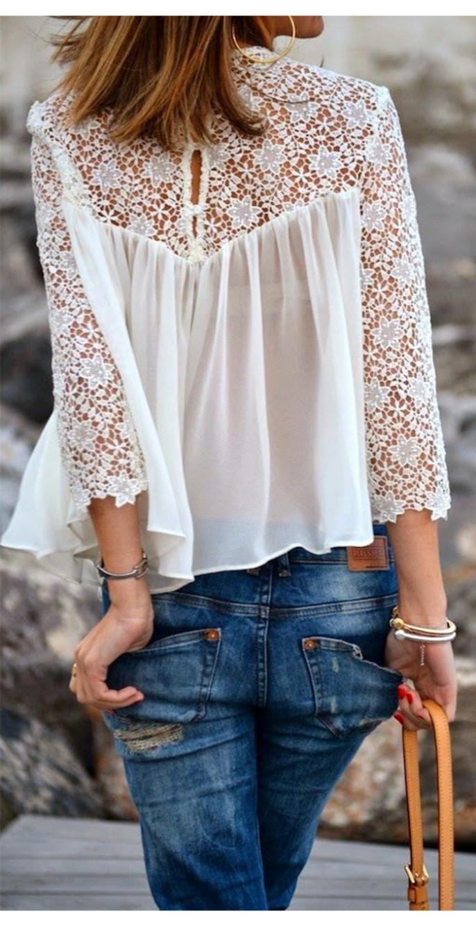 Boutique White Lace Patchwork Chiffon Shirts Dress Spring main image 0