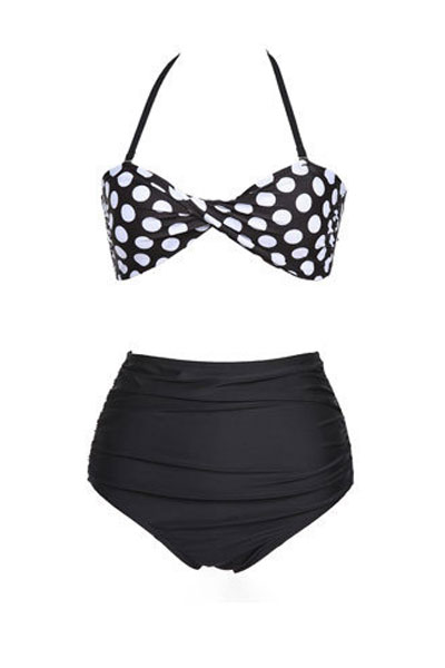 Twisted Bow Black Polka Dots Design Two Pieces Bikini Set On Luulla