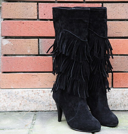 fringe heel boots