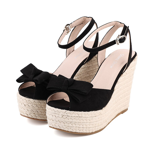 black wedges with bow ankle strap