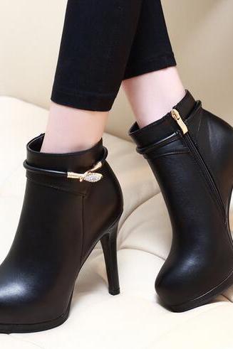 Black High Heel Boots With Side Zipper and Buckle 