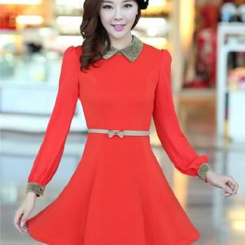 Fashion Autumn Winter Dress Long-Sleeve Sweet Dress With Belt - Orange ...