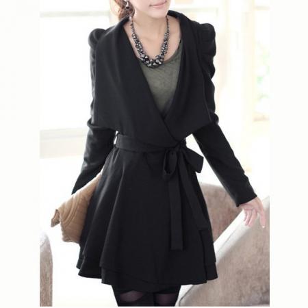 Stylish Turn-down Neck Long Puff Sleeve Solid Color Lace-up Trench Coat ...