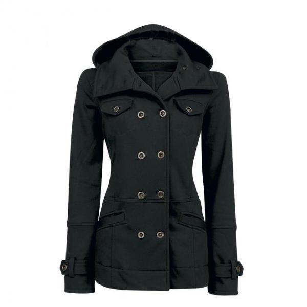 Casual Solid Color Double Breasted Cotton Slim Hoodie Coat on Luulla