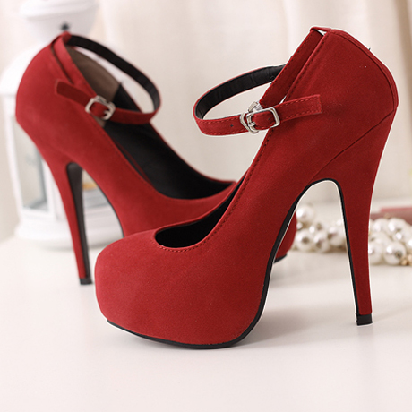 Round Toe Platform Ankle Strap Suede Red High Heels on Luulla