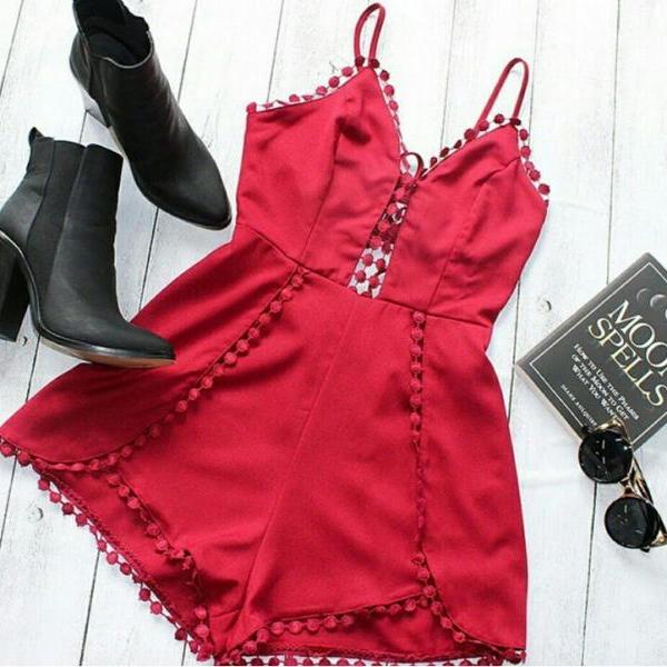 Red Chiffon Plunge V Sleeveless Romper Featuring Lace Trimmed on Luulla