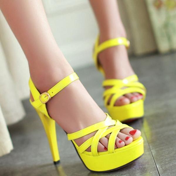 woman open toe chunky high heel ankle strap sandals