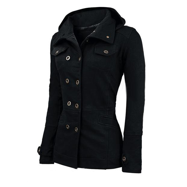 Casual Solid Color Double Breasted Cotton Slim Hoodie Coat on Luulla