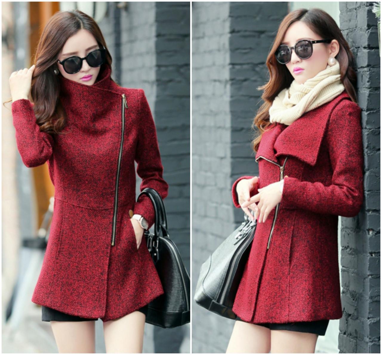 Wine Red Woolen Coat on Luulla