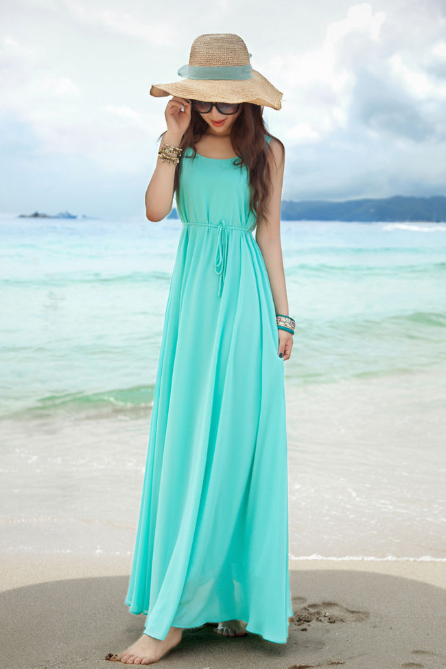 Sexy Girl Beach Wear Solid Color Gowns Sleeveless Round Neck Maxi Dress ...