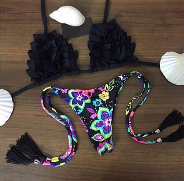 Sexy Black Flowers Printing Swimsuit Bikini on Luulla