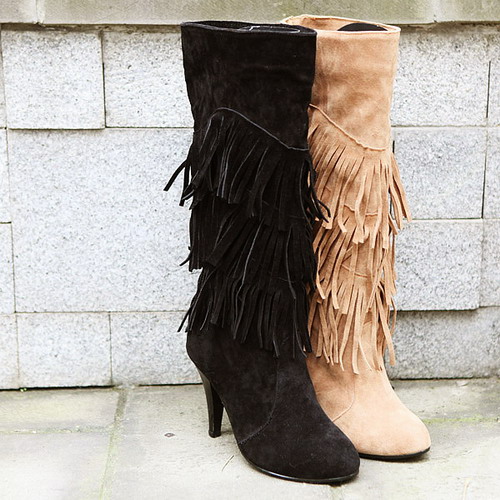fringe heel boots